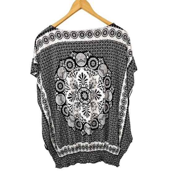 Lily Morgan Black White Medallion Kaftan Flowing Dolman Sleeves Tunic Blouse - Picture 2 of 7